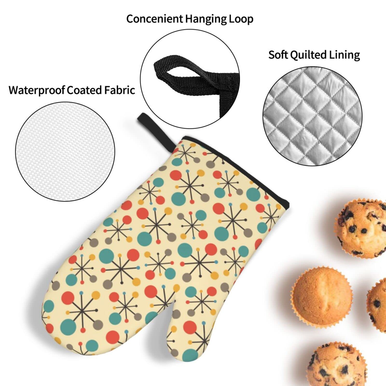 Retro Mid Century Fifties Modern Atomic Oven Mitts and Pot Holders Heat Resistant 4 Pcs Sets Waterproof Non-Slip for BBQ Cooking Baking Grilling