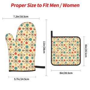 Retro Mid Century Fifties Modern Atomic Oven Mitts and Pot Holders Heat Resistant 4 Pcs Sets Waterproof Non-Slip for BBQ Cooking Baking Grilling