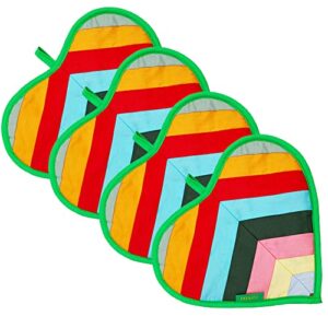 CJINZHI Pot Holders for Kitchen, 2pcs Fabric Patchwork Mats 100% Cotton Heat Resistant Pads with Hanging Loop Loves Shaped Colored Stripe Pattern for BBQ/Cooking/Baking/Grilling/Microwave/Barbecue.