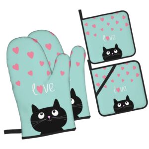 cute black cat love oven mitts and pot holders 4pcs sets，funny kitchen high heat resistant oven mitts，with oven gloves and hot pads pot holders for baking cooking bbq grilling