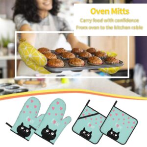 Cute Black Cat Love Oven Mitts and Pot Holders 4pcs Sets，Funny Kitchen High Heat Resistant Oven Mitts，with Oven Gloves and Hot Pads Pot Holders for Baking Cooking BBQ Grilling