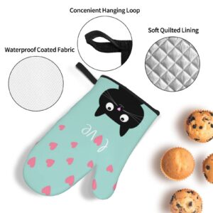 Cute Black Cat Love Oven Mitts and Pot Holders 4pcs Sets，Funny Kitchen High Heat Resistant Oven Mitts，with Oven Gloves and Hot Pads Pot Holders for Baking Cooking BBQ Grilling