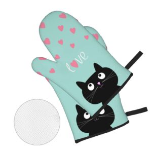 Cute Black Cat Love Oven Mitts and Pot Holders 4pcs Sets，Funny Kitchen High Heat Resistant Oven Mitts，with Oven Gloves and Hot Pads Pot Holders for Baking Cooking BBQ Grilling