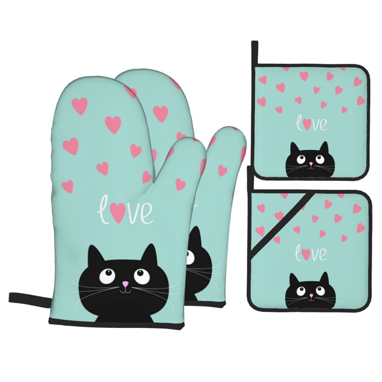 Cute Black Cat Love Oven Mitts and Pot Holders 4pcs Sets，Funny Kitchen High Heat Resistant Oven Mitts，with Oven Gloves and Hot Pads Pot Holders for Baking Cooking BBQ Grilling