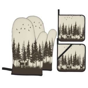 oven mitts and pot holders sets of 4,deer in the forest cabin fog bird mountain hunting theme yellow and coffee country moose,oven mitts heat resistant oven gloves set potholders for kitchen