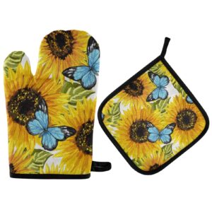 Yellow Sunflowers Butterfly Oven Mitts and Pot Holders Set Summer Heat Resistant Hot Pads Cooking Gloves Handling Kitchen Cookware Bakeware BBQ