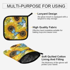 Yellow Sunflowers Butterfly Oven Mitts and Pot Holders Set Summer Heat Resistant Hot Pads Cooking Gloves Handling Kitchen Cookware Bakeware BBQ