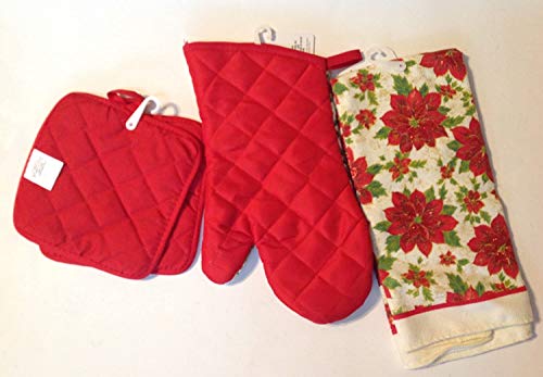 Poinsettia 5 Piece Christmas Kitchen Linen Bundle With 2 Dish Towels, 2 Potholders, and 1 Oven Mitt …