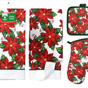 Poinsettia 5 Piece Christmas Kitchen Linen Bundle With 2 Dish Towels, 2 Potholders, and 1 Oven Mitt …