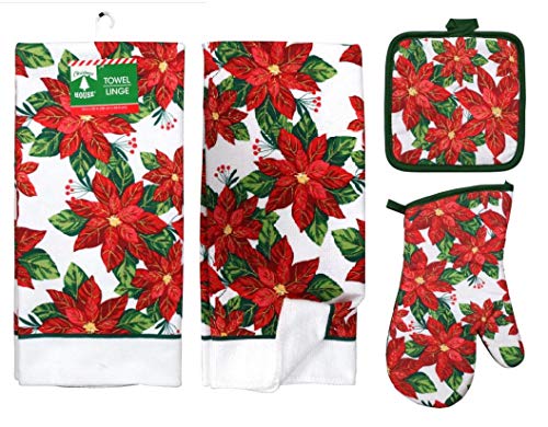 Poinsettia 5 Piece Christmas Kitchen Linen Bundle With 2 Dish Towels, 2 Potholders, and 1 Oven Mitt …