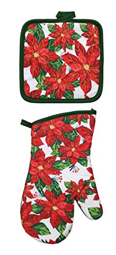 Poinsettia 5 Piece Christmas Kitchen Linen Bundle With 2 Dish Towels, 2 Potholders, and 1 Oven Mitt …