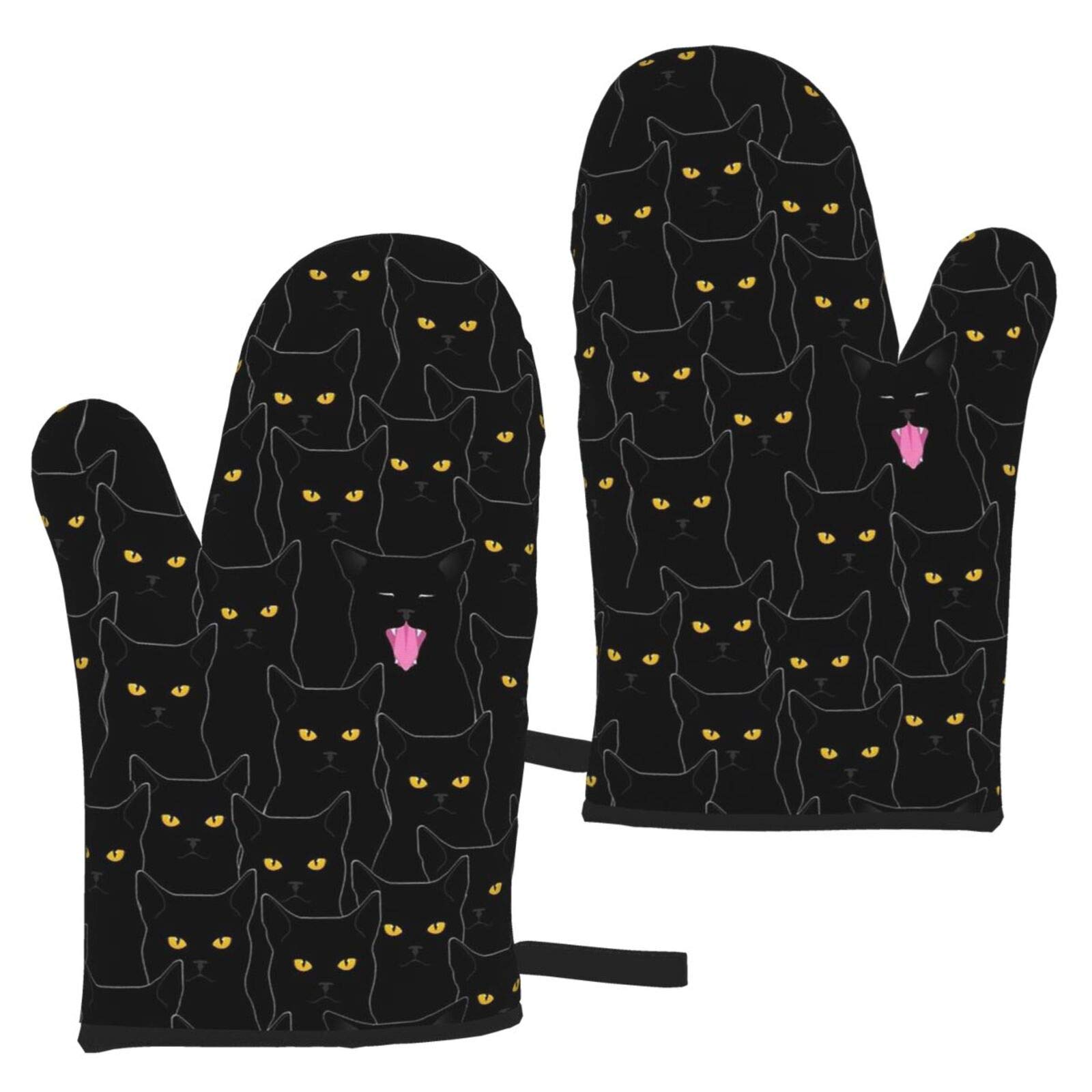 Black Cat Oven Mitts Waterproof Non Slip Heat Resistant Kitchen Gloves for Baking Cooking Grilling BBQ