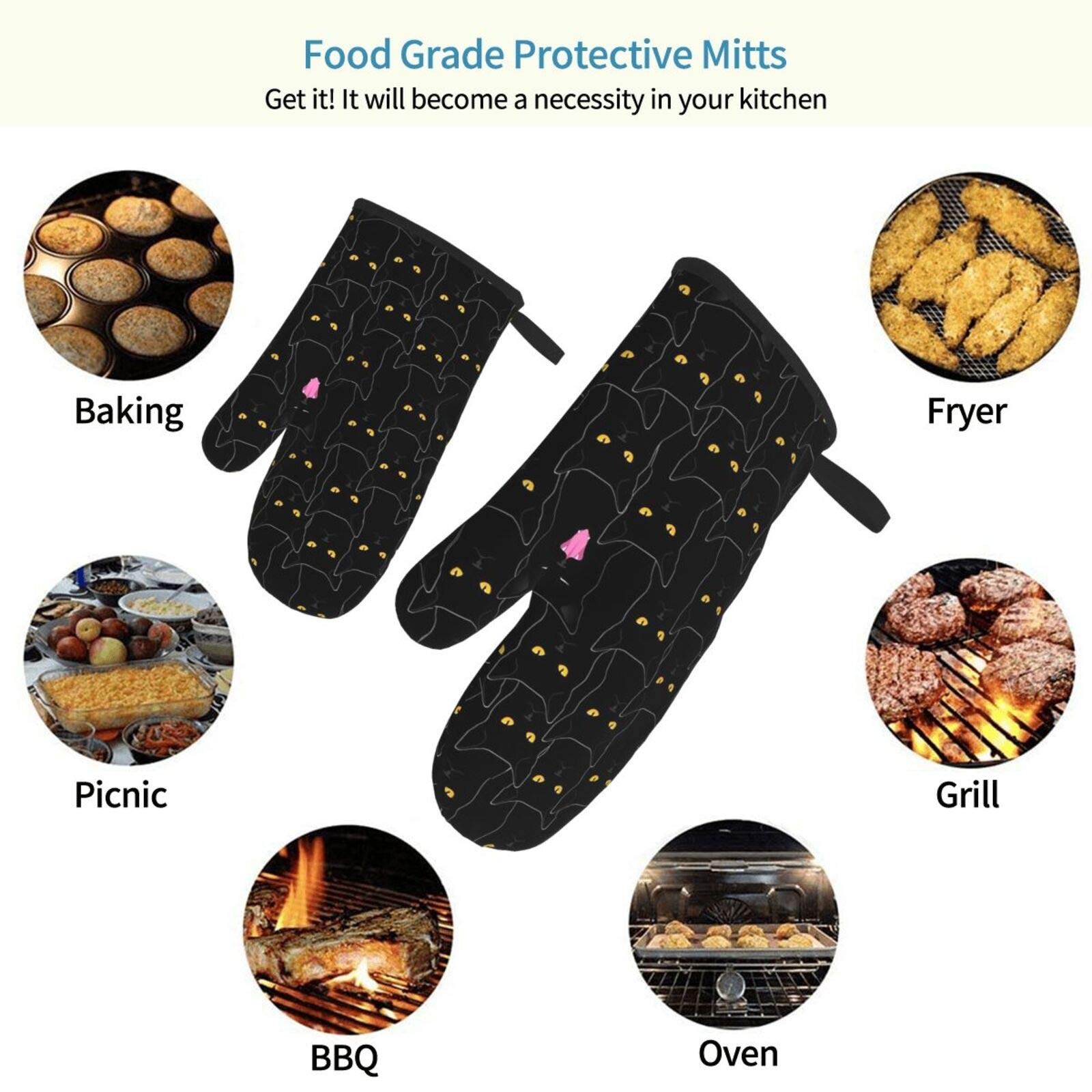 Black Cat Oven Mitts Waterproof Non Slip Heat Resistant Kitchen Gloves for Baking Cooking Grilling BBQ