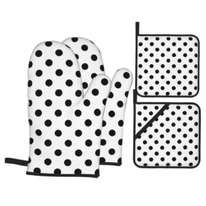 msacrh black polka dot oven mitts and pot holders sets of 4,resistant hot pads with polyester non-slip bbq gloves for kitchen,cooking,baking,grilling