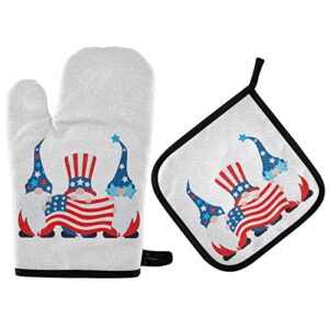 tamniee 4th of july oven mitts kitchen patriotic gnome pot holder set independence day american flag decor cooking stove gloves heat resistant hot pads recycled for bbq baking grilling