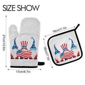 Tamniee 4th of July Oven Mitts Kitchen Patriotic Gnome Pot Holder Set Independence Day American Flag Decor Cooking Stove Gloves Heat Resistant Hot Pads Recycled for BBQ Baking Grilling