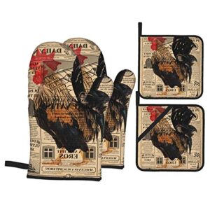 pnnuo vintage newspaper rooster oven mitts and pot holders set of 4,cotton lining with non-slip hot pads,heat resistant microwave gloves for cooking baking grilling bbq decorative kitchen