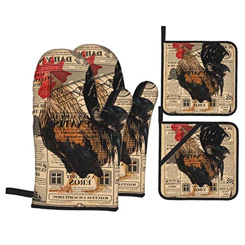 PNNUO Vintage Newspaper Rooster Oven Mitts and Pot Holders Set of 4,Cotton Lining with Non-Slip Hot Pads,Heat Resistant Microwave Gloves for Cooking Baking Grilling BBQ Decorative Kitchen