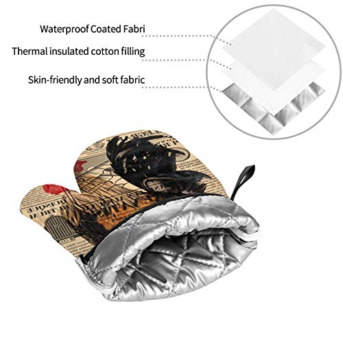 PNNUO Vintage Newspaper Rooster Oven Mitts and Pot Holders Set of 4,Cotton Lining with Non-Slip Hot Pads,Heat Resistant Microwave Gloves for Cooking Baking Grilling BBQ Decorative Kitchen