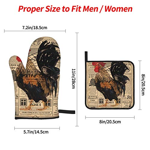 PNNUO Vintage Newspaper Rooster Oven Mitts and Pot Holders Set of 4,Cotton Lining with Non-Slip Hot Pads,Heat Resistant Microwave Gloves for Cooking Baking Grilling BBQ Decorative Kitchen