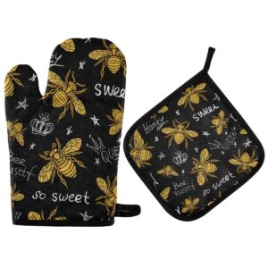 alaza honey bees oven mitts and pot holders sets heat resistant kitchen oven gloves potholder for cooking baking grill