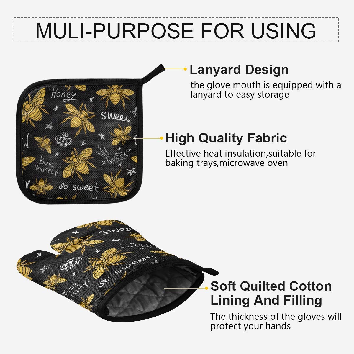 ALAZA Honey Bees Oven Mitts and Pot Holders Sets Heat Resistant Kitchen Oven Gloves Potholder for Cooking Baking Grill