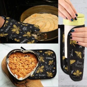 ALAZA Honey Bees Oven Mitts and Pot Holders Sets Heat Resistant Kitchen Oven Gloves Potholder for Cooking Baking Grill