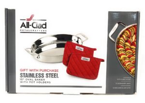 all-clad stainless steel 15" oval baker with pot holders