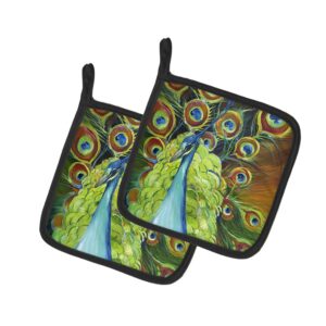 caroline's treasures jmk1209pthd peacock pair of pot holders kitchen heat resistant pot holders sets oven hot pads for cooking baking bbq, 7 1/2 x 7 1/2