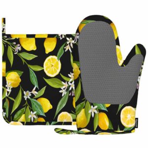 mxocom lemon fruits silicone oven mitts and pot holders sets flowers leaves lemons bbq gloves for kitchen,cooking,baking,grilling