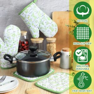 Cunhill 4 Pcs Oven Mitts and Pot Holders Set Sage Green High Heat Resistant 300 Degree Heat Spring Kitchen Cotton Oven Glove with Hanging Loops for Baking Cooking BBQ