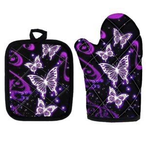 keiahuan purple butterfly oven mitts and pot holders set for women girl, heat resistance flexibility of pure cotton and soft cloth lining, 500 f heat resistant
