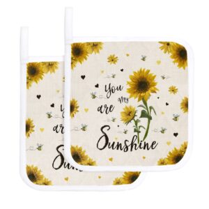 2 Pack Pot Holders Heat Insulation Potholder, Sunflower Hot Pads Multipurpose Oven Pads Terry Cloth Potholders for Kitchen Cooking Baking Dining Table Summer Sunshine Floral and Bees