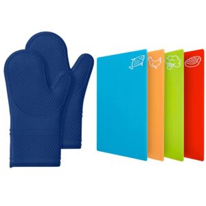 gorilla grip silicone oven mitts and flexible cutting boards 4 pack, oven mitts are 12.5 inch in blue color, flexible cutting boards are multicolor, 2 item bundle