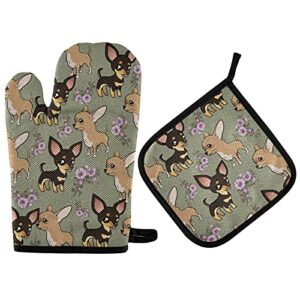 Oven Mitts and Pot Holders Set High Insulated Oven Gloves with Heat Insulation Pad Cute Chihuahua Flower Soft Cotton Lining and Non-Slip Surface Kitchen Mitten for Safe BBQ Cooking Baking