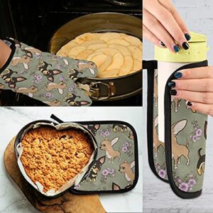 Oven Mitts and Pot Holders Set High Insulated Oven Gloves with Heat Insulation Pad Cute Chihuahua Flower Soft Cotton Lining and Non-Slip Surface Kitchen Mitten for Safe BBQ Cooking Baking