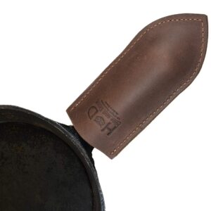 hide & drink, rustic thick leather cast iron hot handle cover (small), skillet panhandle grips, frying pan, heat protection, kitchen essentials handmade includes 101 year warranty :: bourbon brown