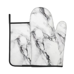 simple white marble stone funny oven mitt and pot holders set heat resistant for kitchen cooking baking grilling waterproof non-slip thick oven gloves