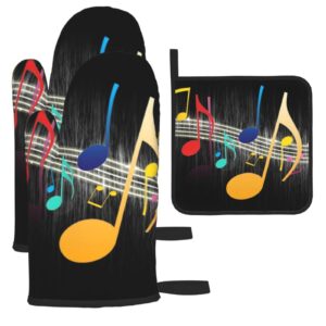 colorful musical note oven mitts and pot holders sets of 3 washable heat resistant hot pads non-slip bbq gloves for kitchen cooking baking grilling
