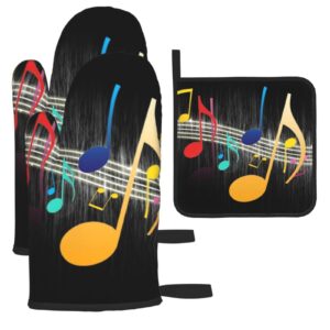 Colorful Musical Note Oven Mitts and Pot Holders Sets of 3 Washable Heat Resistant Hot Pads Non-Slip BBQ Gloves for Kitchen Cooking Baking Grilling