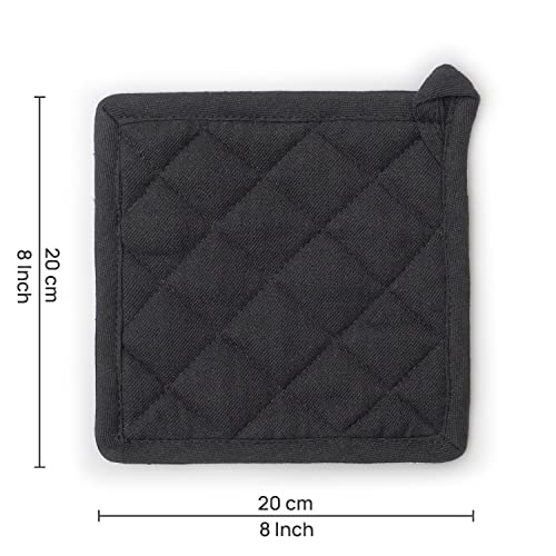 Mellow Buff Cotton Pot Holder Heat Resistant, Strong Grip Potholders for Hot Pans, 8 x 8 Inch with Loop | Pack of 3 | Black