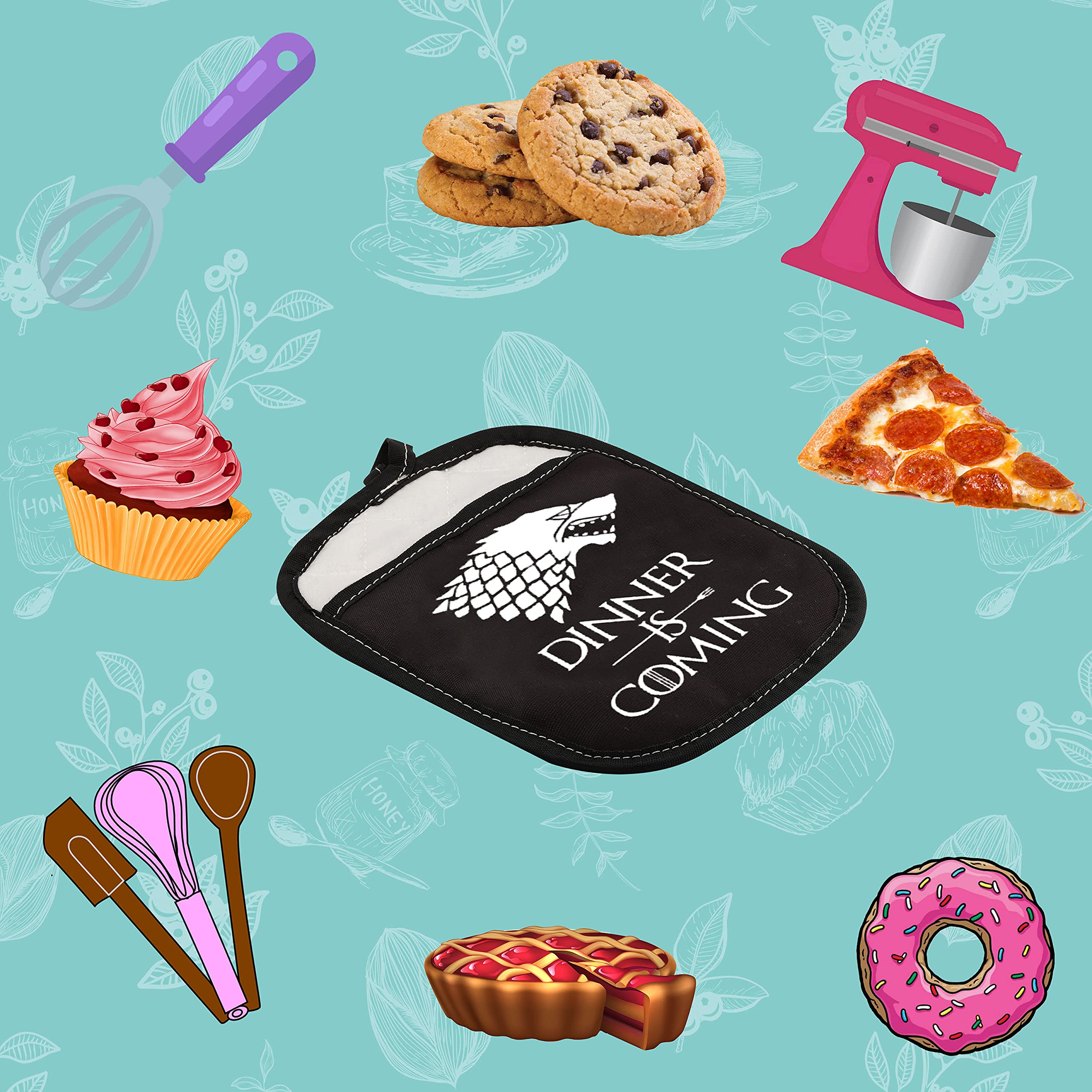 TV Show Inspired Funny Oven Pad Pot Holder with Pocket Dinner is Coming Baking Gift Cooking Gift (Dinner is Coming)