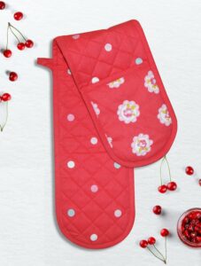 tiny break double oven mitt, floral rose, heat resistant oven gloves - red - 7 x 32 inch