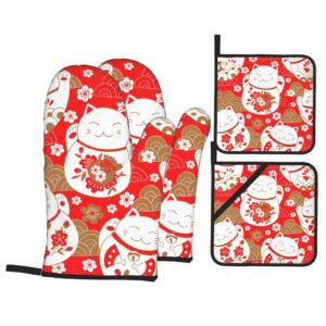 japanese cute lucky cats 4 pcs set oven mitts and pot holders heat resistant oven gloves and hot pads for baking cooking