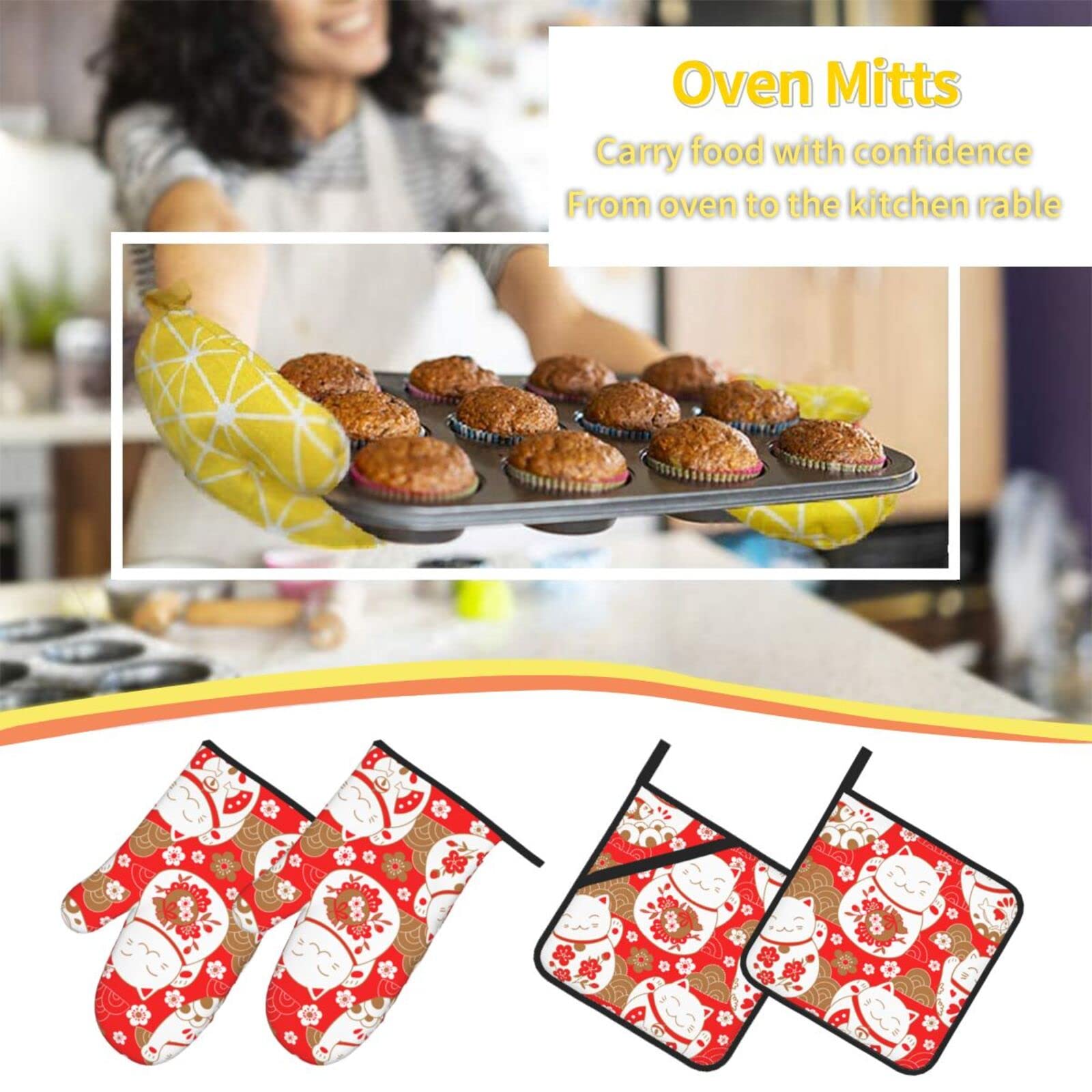 Japanese Cute Lucky Cats 4 Pcs Set Oven Mitts and Pot Holders Heat Resistant Oven Gloves and Hot Pads for Baking Cooking