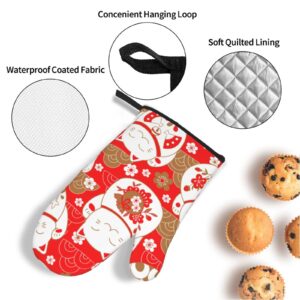 Japanese Cute Lucky Cats 4 Pcs Set Oven Mitts and Pot Holders Heat Resistant Oven Gloves and Hot Pads for Baking Cooking