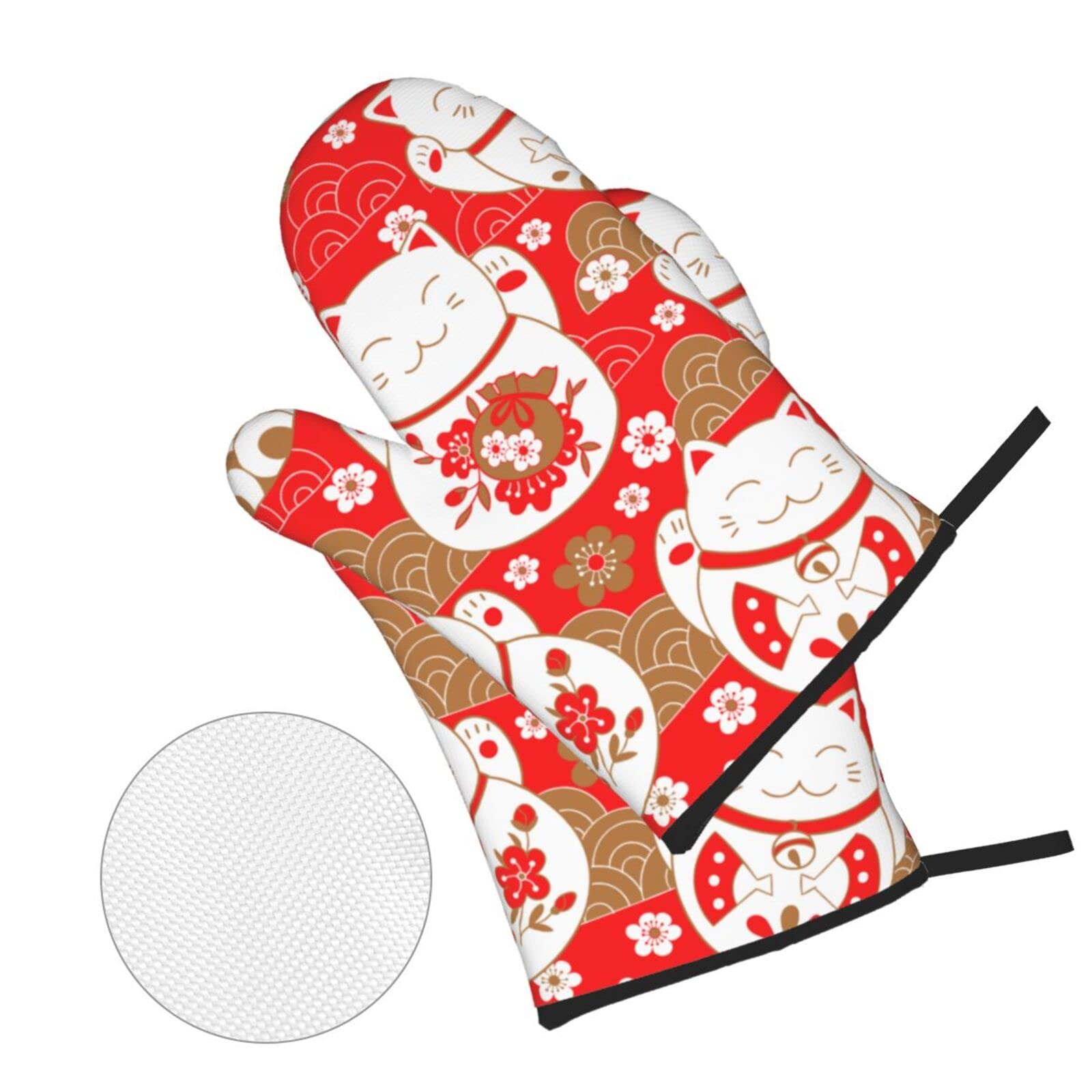 Japanese Cute Lucky Cats 4 Pcs Set Oven Mitts and Pot Holders Heat Resistant Oven Gloves and Hot Pads for Baking Cooking