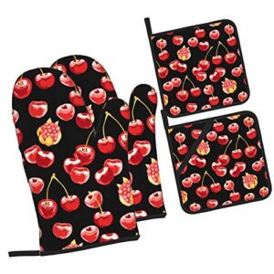 Beautiful Cherries Oven Mitts and Pot Holders Sets of 4pcs Waterproof Heat Resistant Kitchen Accessories Oven Gloves and Hot Pads Potholders for Kitchens Baking BBQ Cooking Gloves