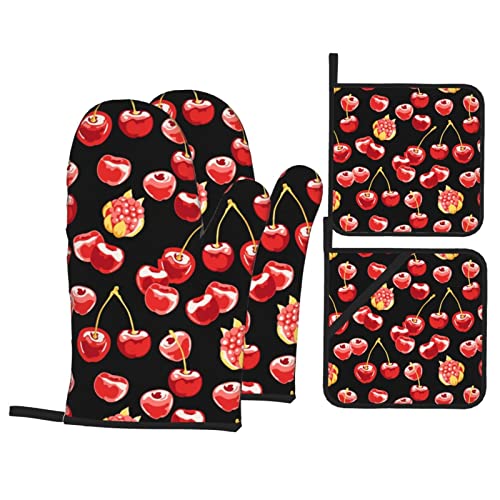 Beautiful Cherries Oven Mitts and Pot Holders Sets of 4pcs Waterproof Heat Resistant Kitchen Accessories Oven Gloves and Hot Pads Potholders for Kitchens Baking BBQ Cooking Gloves