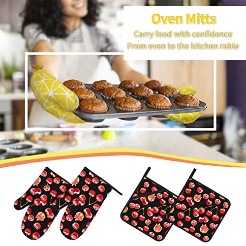 Beautiful Cherries Oven Mitts and Pot Holders Sets of 4pcs Waterproof Heat Resistant Kitchen Accessories Oven Gloves and Hot Pads Potholders for Kitchens Baking BBQ Cooking Gloves